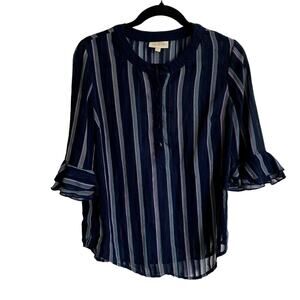 ModCloth Blue Striped Sheer Blouse Size M Tiered Flutter Ruffle Sleeve
